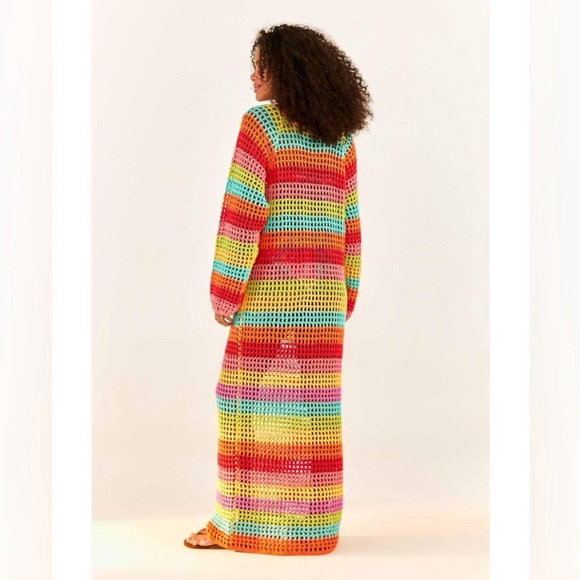 🌻NWT FARM RIO MULTICOLOR CROCHET TASSEL-TIE MAXI DRESS IN LIGHT CHEVRON - Picture 4 of 8